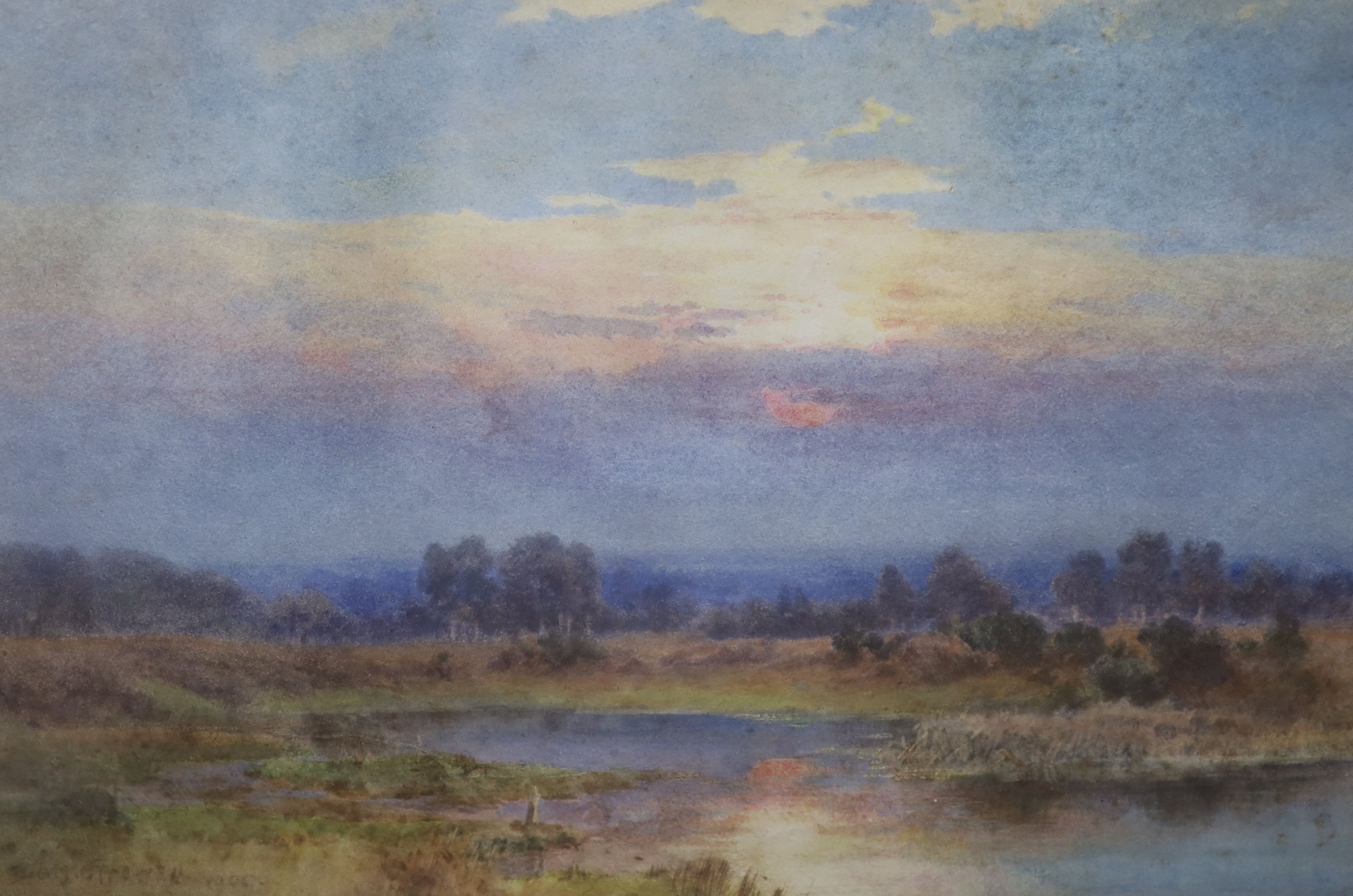 Benjamin John Ottewell (fl.1885-1913), watercolour, Open landscape at sunset, 34 x 46cm